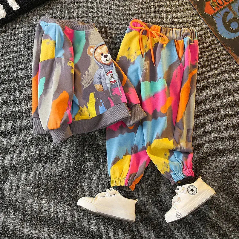 Cartoon Bear Toddler Tracksuit: Fashion Graffiti Sweater & Pant Set