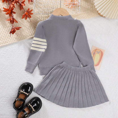 Melario Girls Autumn Knit Sweater Set with V-Neck Little Bear Print