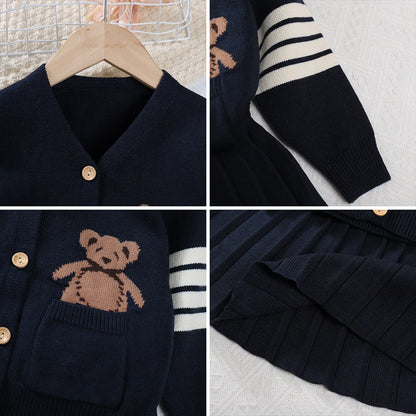 Melario Girls Autumn Knit Sweater Set with V-Neck Little Bear Print