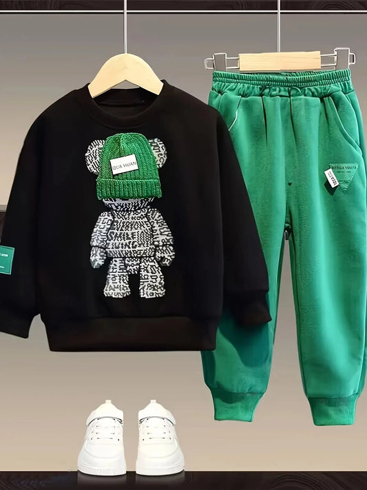 Cartoon Bear Boys' Pullover and Pants Set - 2pcs Kids Loungewear Outfit