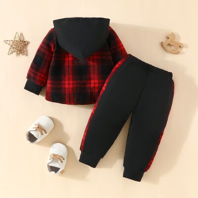 Plaid Button Up Hooded Shacket Pants Set